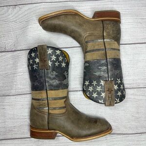 Tin Haul Men’s 8 Brown Leather Freedom Dog Tags Cowboy Square Toe Boots